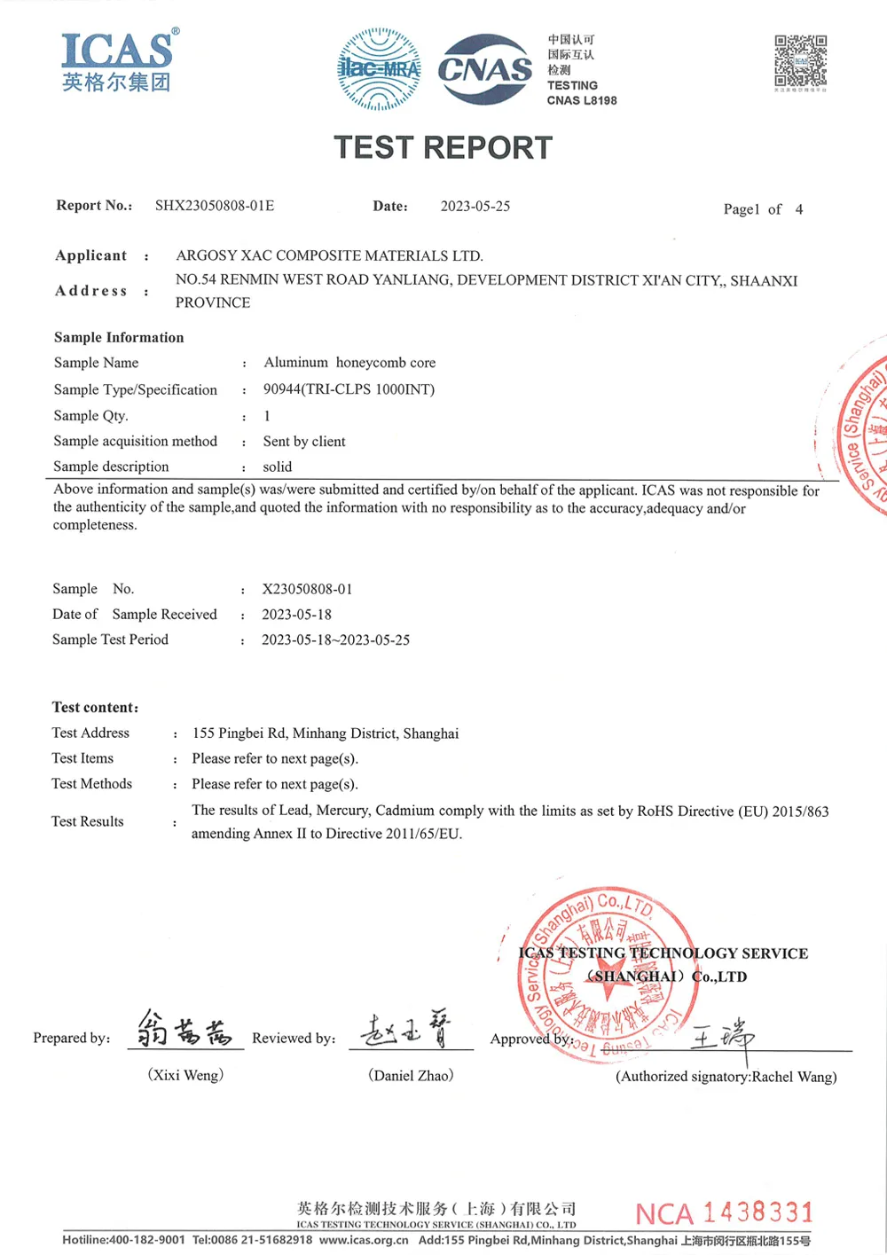 ICAS Test - Aluminum Honeycomb Core - 90944 - Argosy International